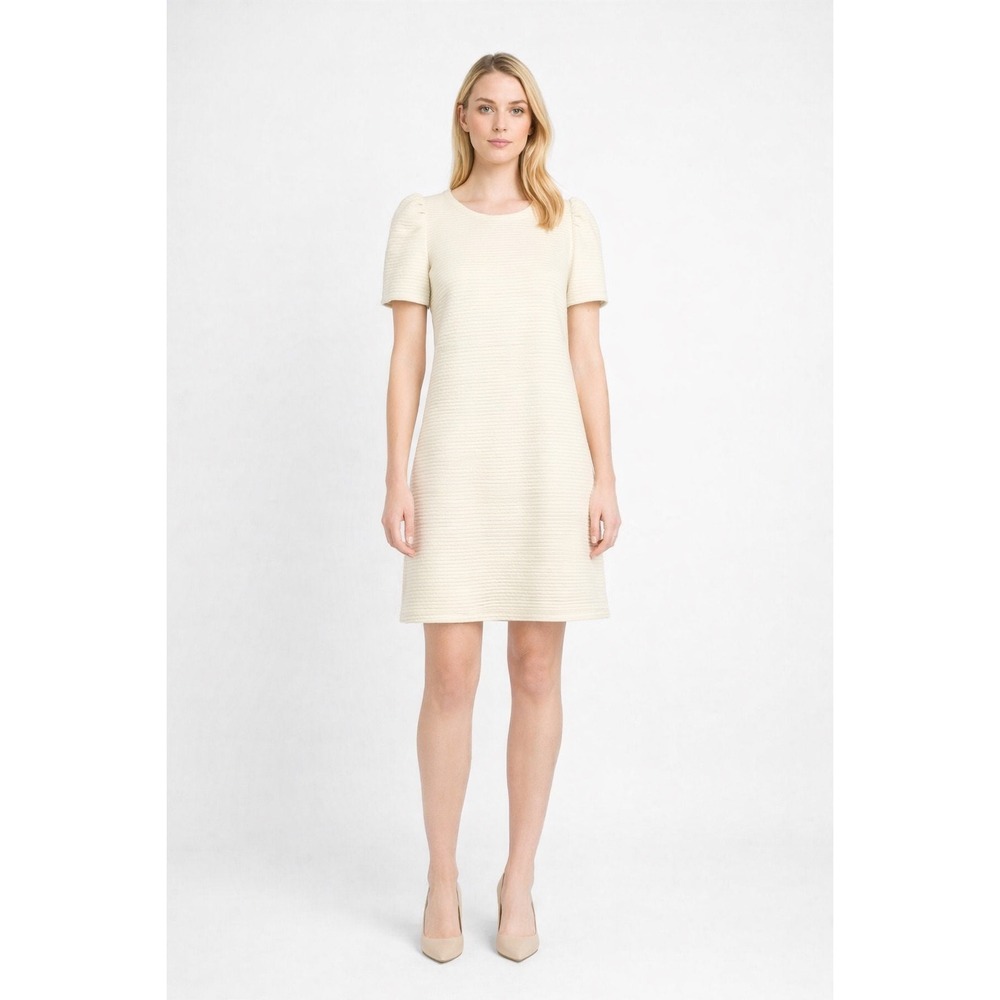STS Sail To Sable Knit Dress Women L Puff Sleeve Mini Sheath‎ Cream Ribbed NWT